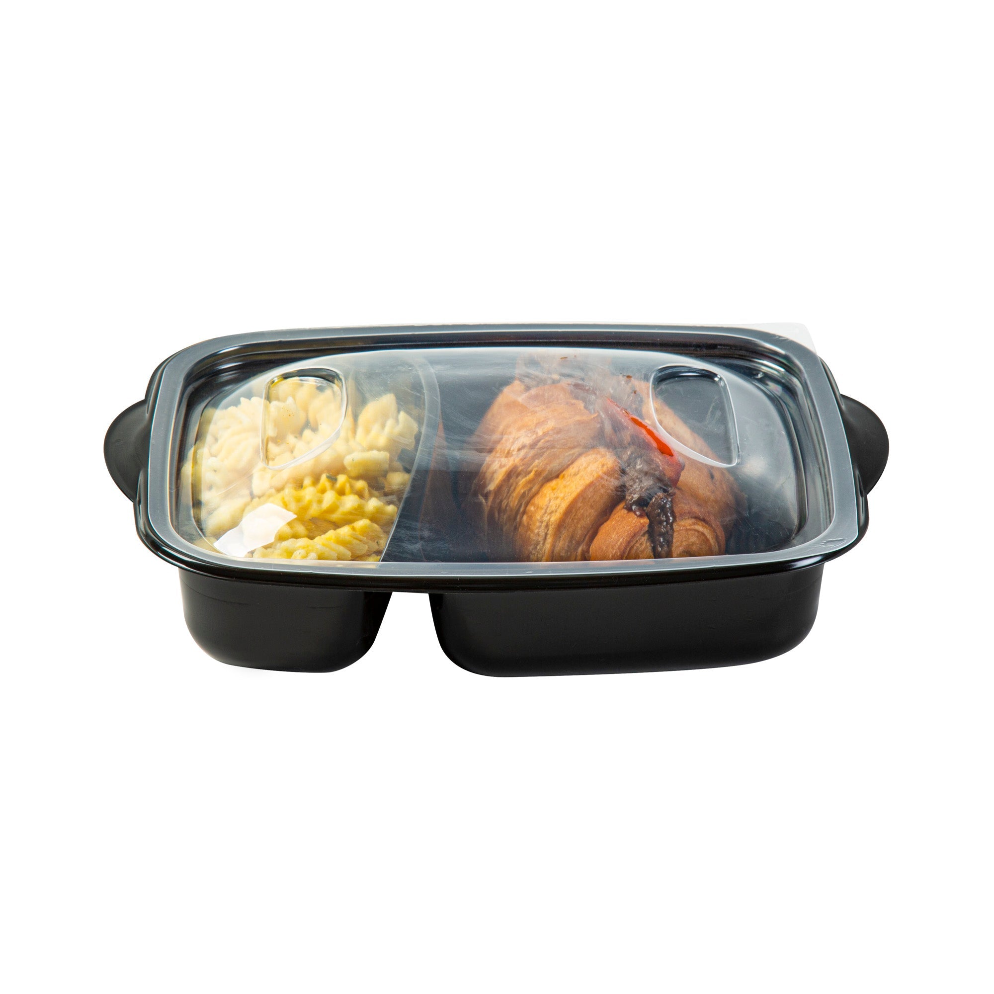 Chef 101 36 oz Rectangle Black Plastic Food Container - with Clear Lid, Microwavable, 2 Compartments - 8 3/4" x 7" x 2 1/4" - 50 count box