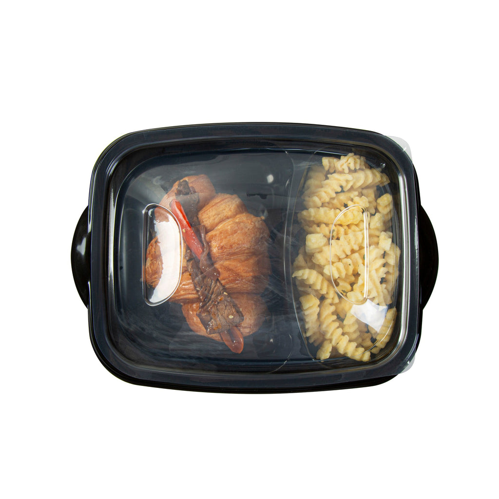 Chef 101 36 oz Rectangle Black Plastic Food Container - with Clear Lid, Microwavable, 2 Compartments - 8 3/4" x 7" x 2 1/4" - 50 count box