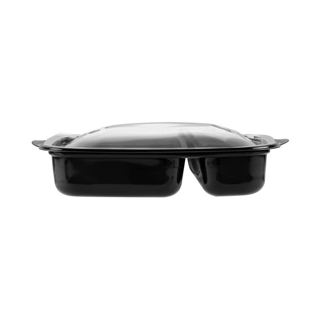 Chef 101 36 oz Rectangle Black Plastic Food Container - with Clear Lid, Microwavable, 2 Compartments - 8 3/4" x 7" x 2 1/4" - 50 count box