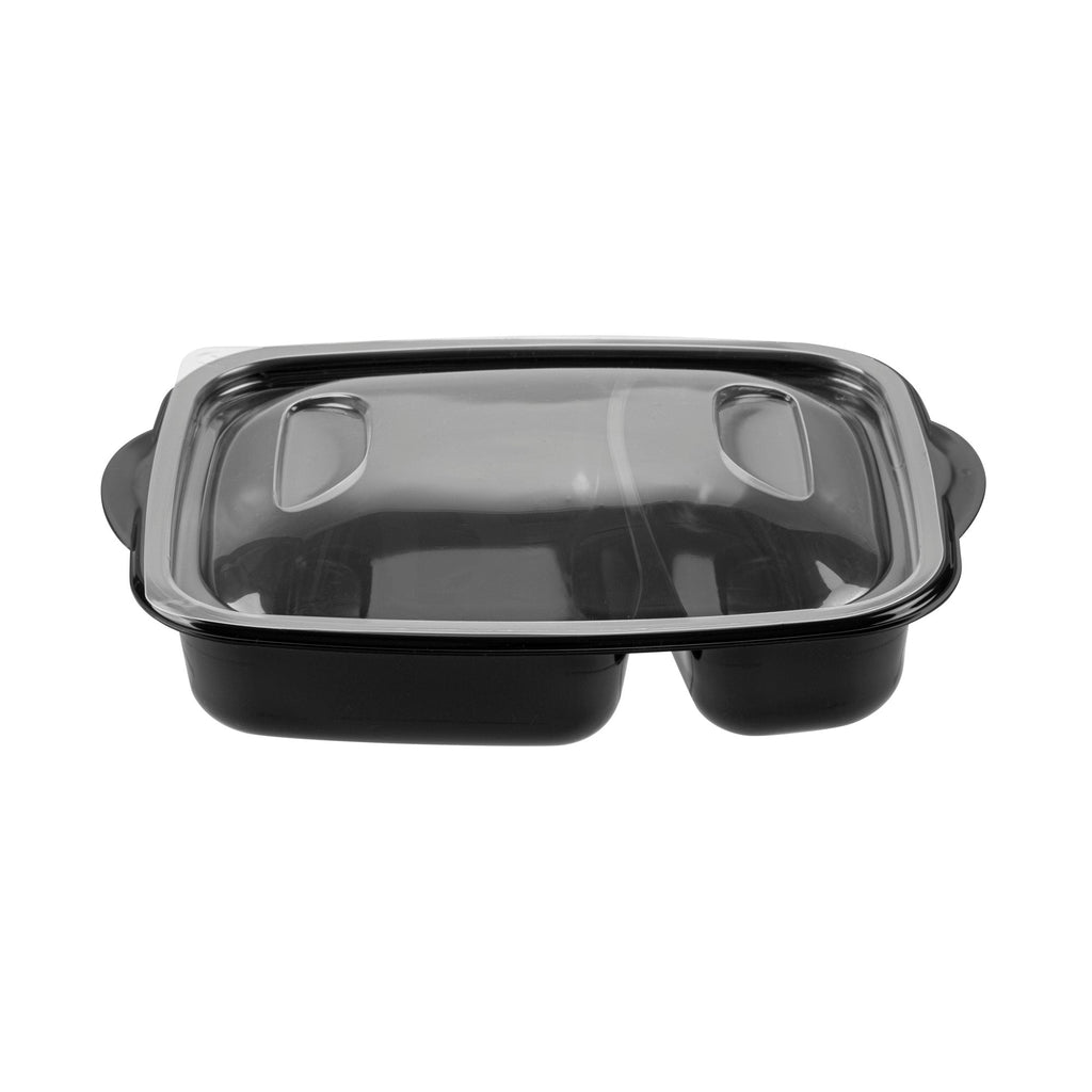 Chef 101 36 oz Rectangle Black Plastic Food Container - with Clear Lid, Microwavable, 2 Compartments - 8 3/4" x 7" x 2 1/4" - 50 count box