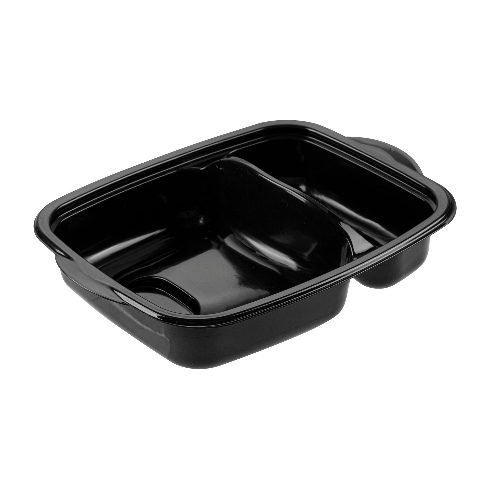 Chef 101 36 oz Rectangle Black Plastic Food Container - with Clear Lid, Microwavable, 2 Compartments - 8 3/4" x 7" x 2 1/4" - 50 count box