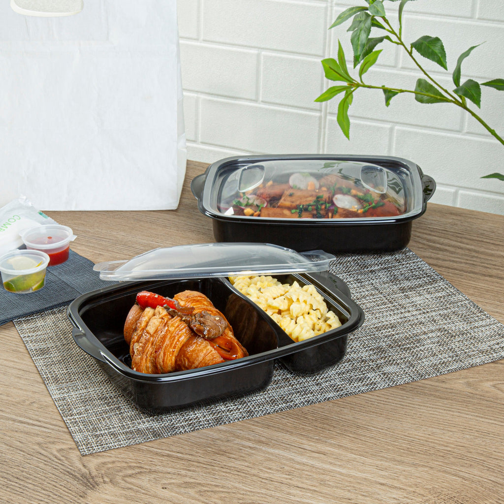 Chef 101 36 oz Rectangle Black Plastic Food Container - with Clear Lid, Microwavable, 2 Compartments - 8 3/4" x 7" x 2 1/4" - 50 count box