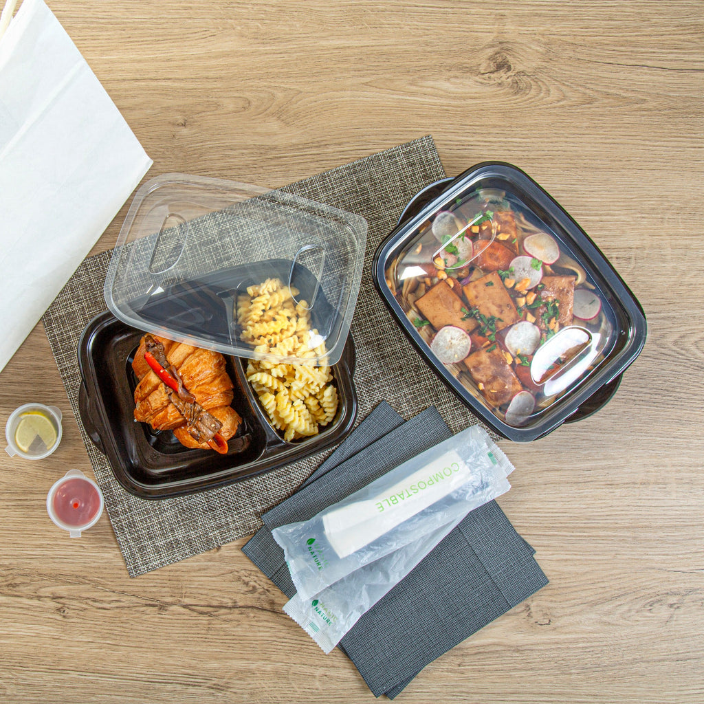 Chef 101 36 oz Rectangle Black Plastic Food Container - with Clear Lid, Microwavable, 2 Compartments - 8 3/4" x 7" x 2 1/4" - 100 count box