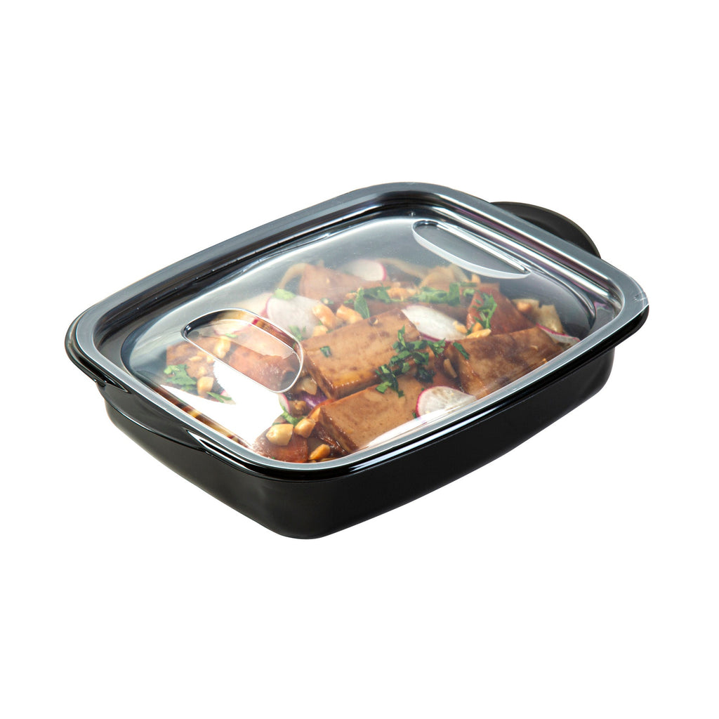 Chef 101 36 oz Rectangle Black Plastic Food Container - with Clear Lid, Microwavable - 8 3/4" x 7" x 2 1/4" - 50 count box
