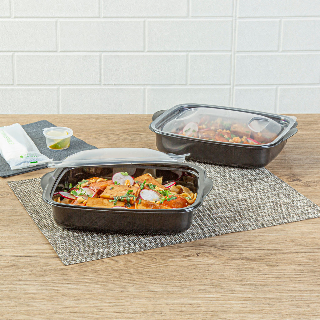Chef 101 36 oz Rectangle Black Plastic Food Container - with Clear Lid, Microwavable - 8 3/4" x 7" x 2 1/4" - 50 count box