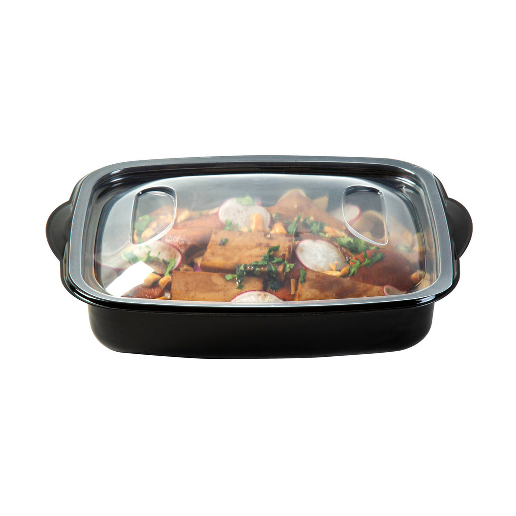 Chef 101 36 oz Rectangle Black Plastic Food Container - with Clear Lid, Microwavable - 8 3/4" x 7" x 2 1/4" - 50 count box