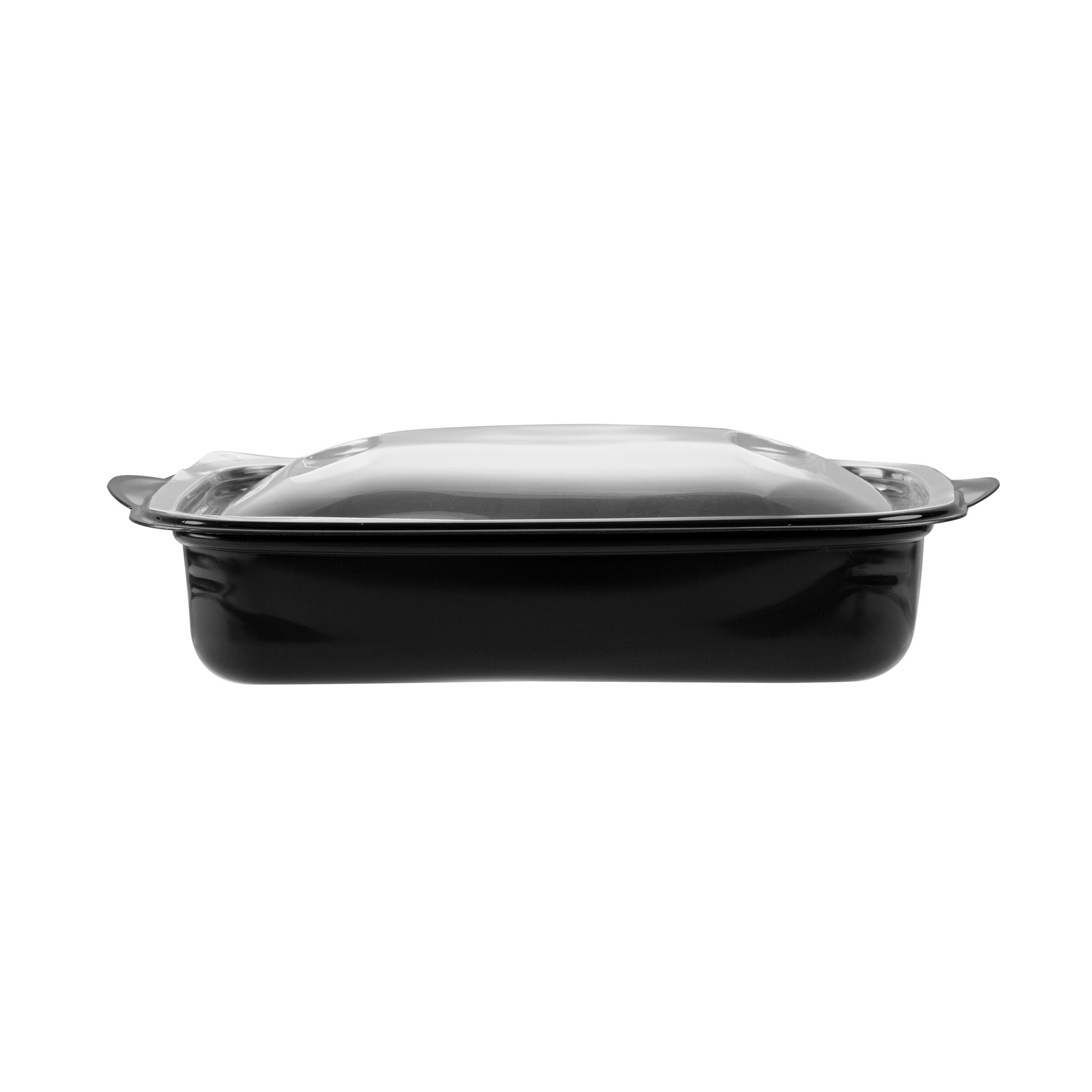 Chef 101 36 oz Rectangle Black Plastic Food Container - with Clear Lid, Microwavable - 8 3/4" x 7" x 2 1/4" - 50 count box