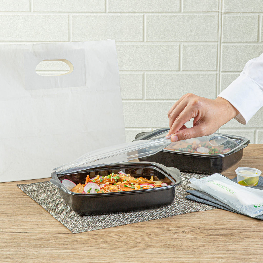 Chef 101 36 oz Rectangle Black Plastic Food Container - with Clear Lid, Microwavable - 8 3/4" x 7" x 2 1/4" - 50 count box