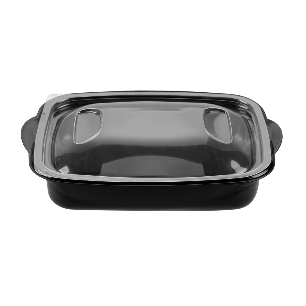Chef 101 36 oz Rectangle Black Plastic Food Container - with Clear Lid, Microwavable - 8 3/4" x 7" x 2 1/4" - 100 count box
