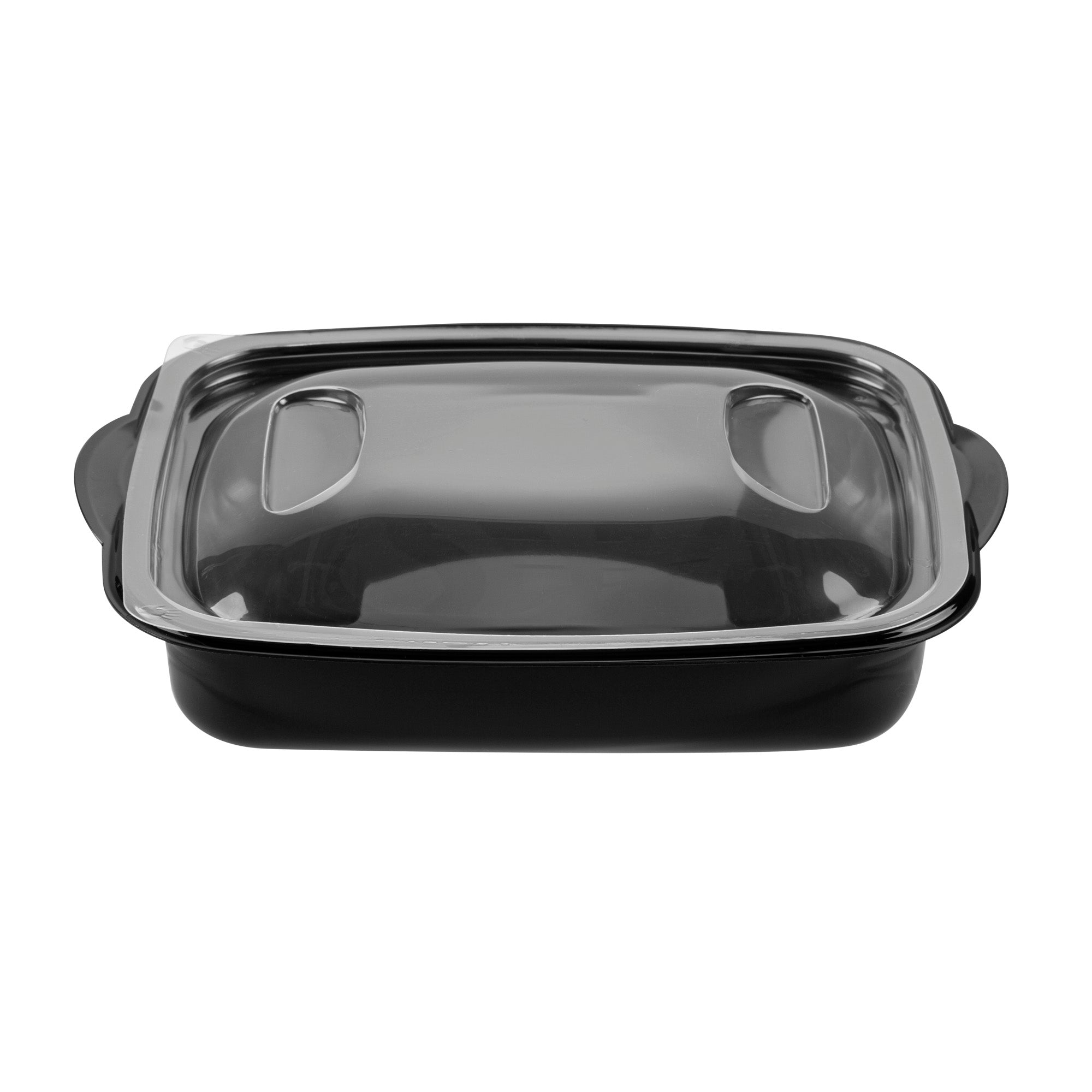 Chef 101 36 oz Rectangle Black Plastic Food Container - with Clear Lid, Microwavable - 8 3/4" x 7" x 2 1/4" - 100 count box