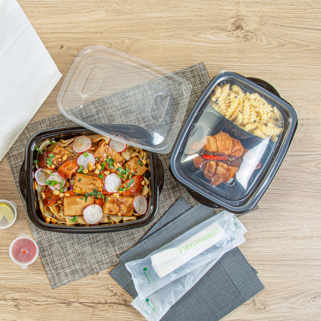 Chef 101 36 oz Rectangle Black Plastic Food Container - with Clear Lid, Microwavable - 8 3/4" x 7" x 2 1/4" - 100 count box