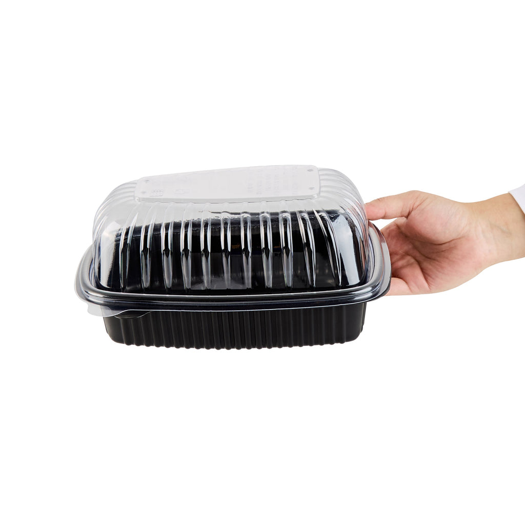 Chef 101 Black Plastic Chicken Roaster Container - with Clear Dome Lid, Microwavable - 10 1/4" x 7 1/4" x 4 3/4" - 50 count box