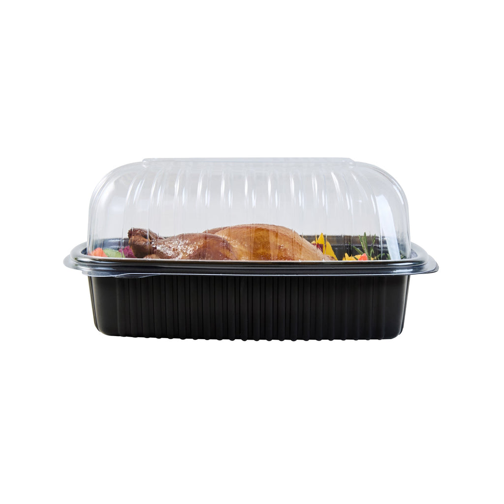 Chef 101 Black Plastic Chicken Roaster Container - with Clear Dome Lid, Microwavable - 10 1/4" x 7 1/4" x 4 3/4" - 50 count box