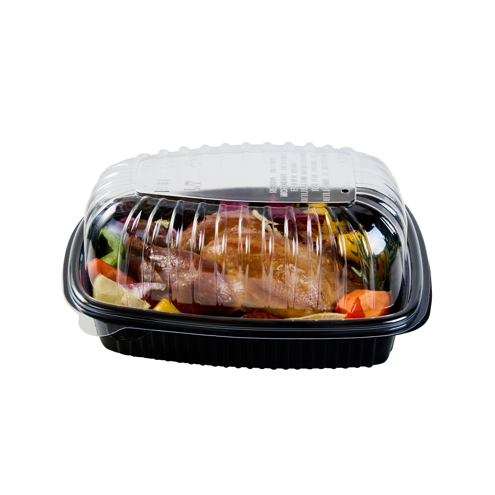 Chef 101 Black Plastic Chicken Roaster Container - with Clear Dome Lid, Microwavable - 10 1/4" x 7 1/4" x 4 3/4" - 50 count box