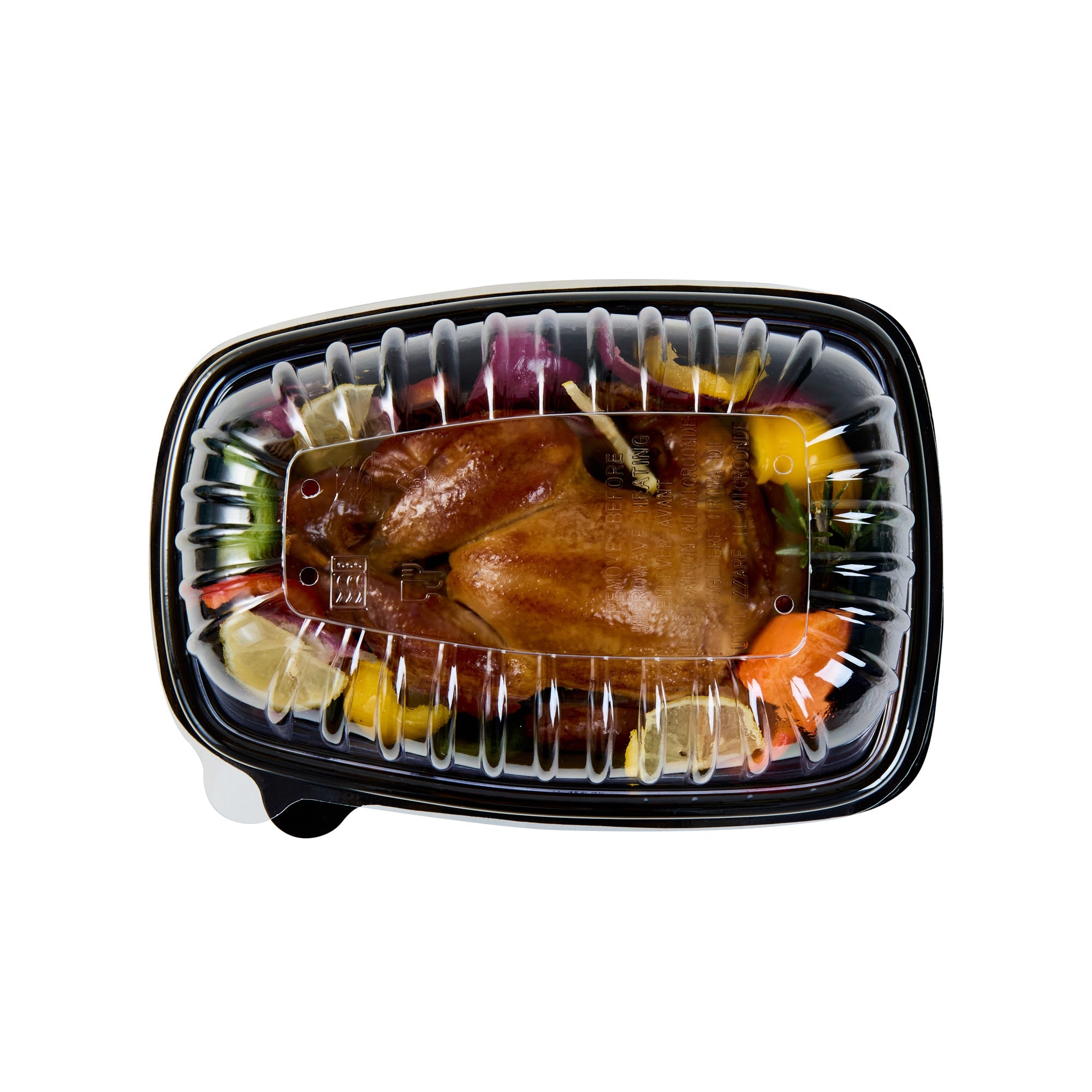Chef 101 Black Plastic Chicken Roaster Container - with Clear Dome Lid, Microwavable - 10 1/4" x 7 1/4" x 4 3/4" - 50 count box
