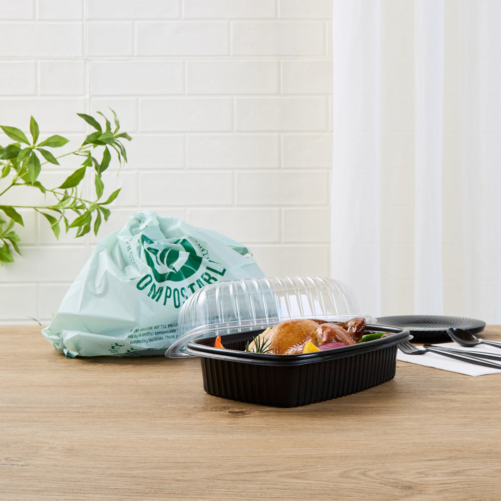 Chef 101 Black Plastic Chicken Roaster Container - with Clear Dome Lid, Microwavable - 10 1/4" x 7 1/4" x 4 3/4" - 50 count box