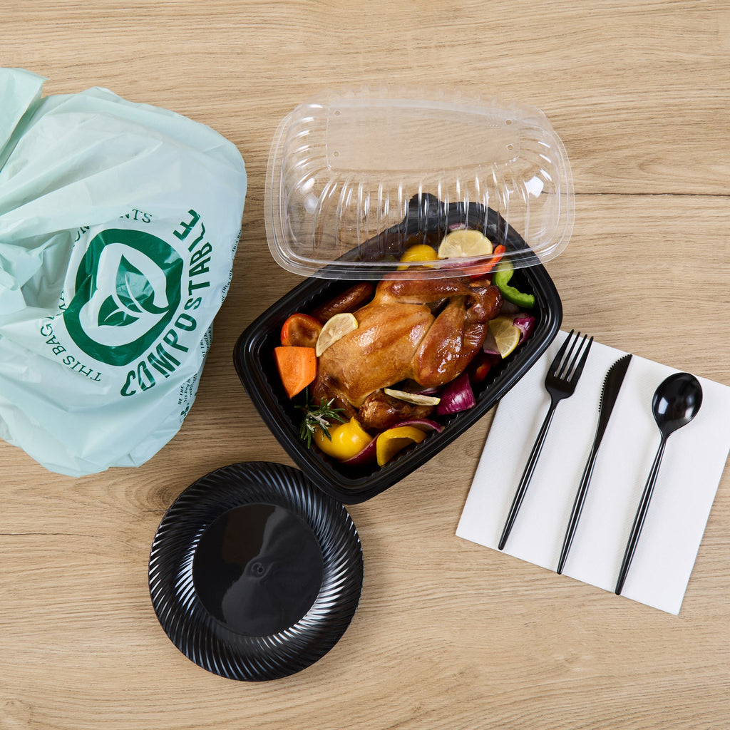 Chef 101 Black Plastic Chicken Roaster Container - with Clear Dome Lid, Microwavable - 10 1/4" x 7 1/4" x 4 3/4" - 50 count box