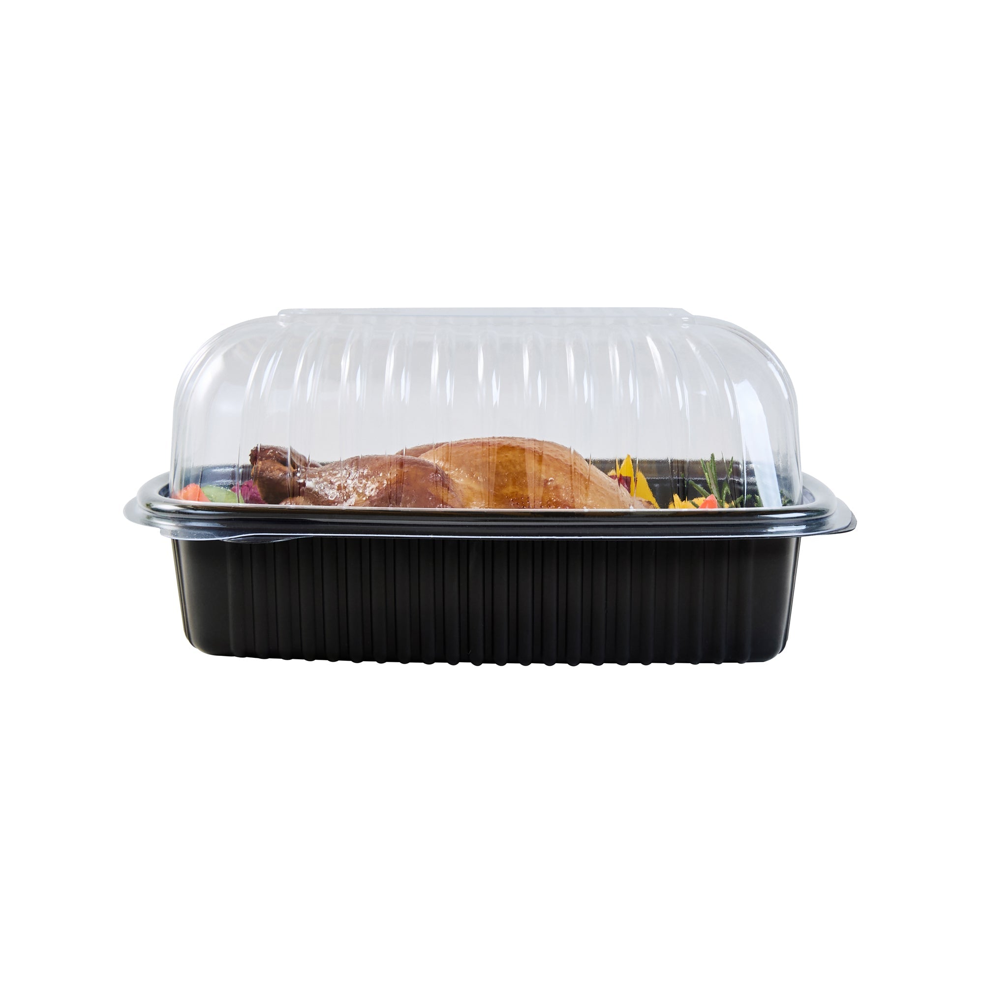 Chef 101 Black Plastic Chicken Roaster Container - with Clear Dome Lid, Microwavable - 10 1/4" x 7 1/4" x 4 3/4" - 100 count box