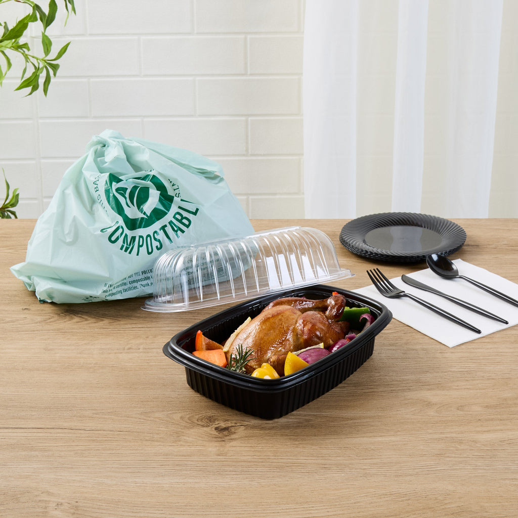Chef 101 Black Plastic Chicken Roaster Container - with Clear Dome Lid, Microwavable - 10 1/4" x 7 1/4" x 4 3/4" - 100 count box