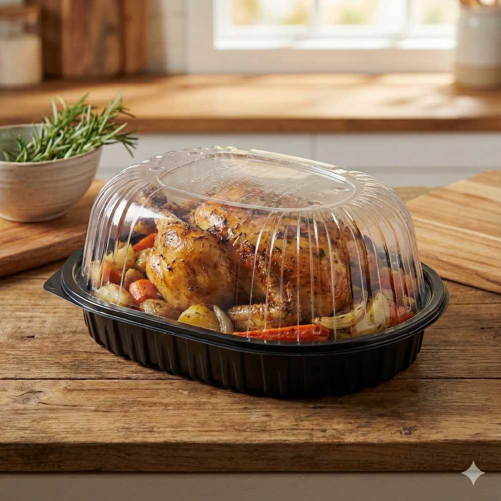 Chef 101 Black Plastic Chicken Roaster Container - with Clear Dome Lid, Microwavable - 10" x 7 1/2" x 4 1/2" - 50 count box
