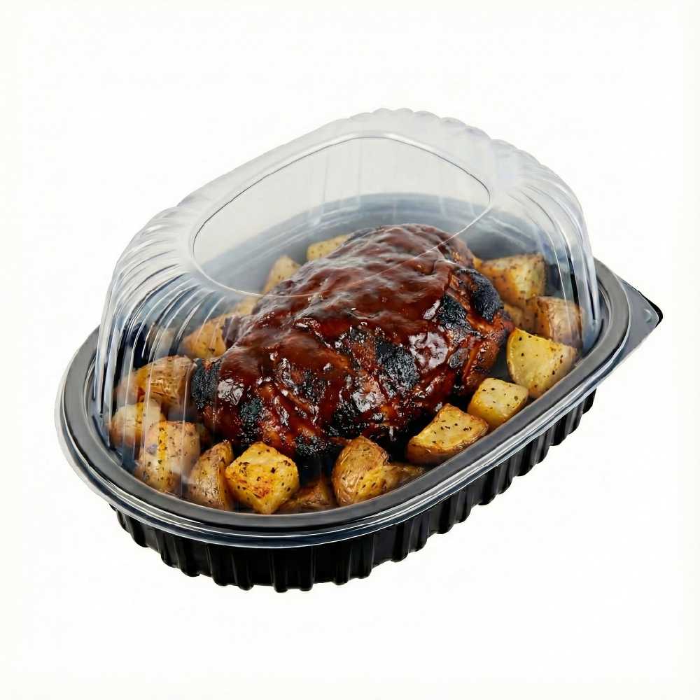 Chef 101 Black Plastic Chicken Roaster Container - with Clear Dome Lid, Microwavable - 10" x 7 1/2" x 4 1/2" - 50 count box