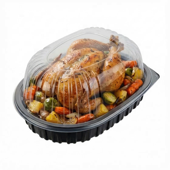 Chef 101 Black Plastic Chicken Roaster Container - with Clear Dome Lid, Microwavable - 10" x 7 1/2" x 4 1/2" - 50 count box