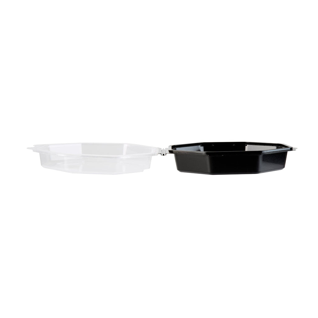 Chef 101 Octagon Black Plastic Food Container - with Clear Lid - 7 1/2" x 7 1/2" x 2 1/4" - 100 count box