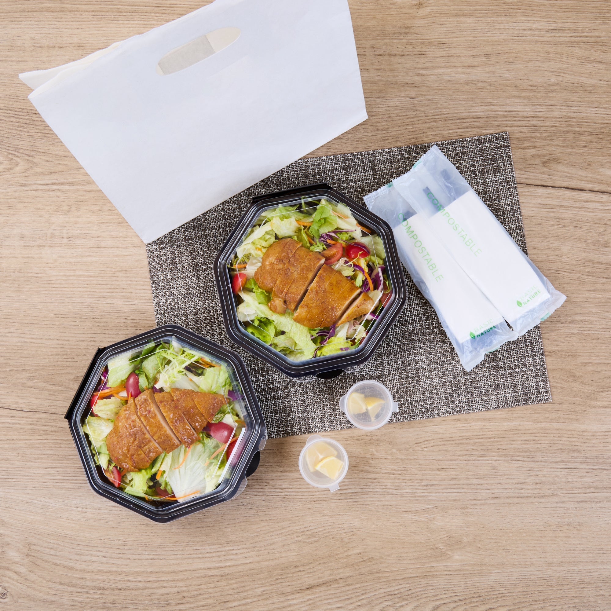 Chef 101 Octagon Black Plastic Food Container - with Clear Lid - 7 1/2" x 7 1/2" x 2 1/4" - 100 count box