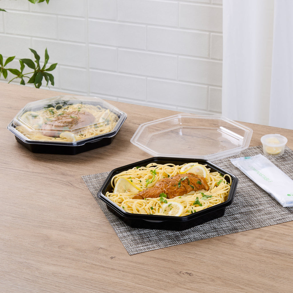 Chef 101 Octagon Black Plastic Food Container - with Clear Lid - 9" x 9" x 2" - 100 count box