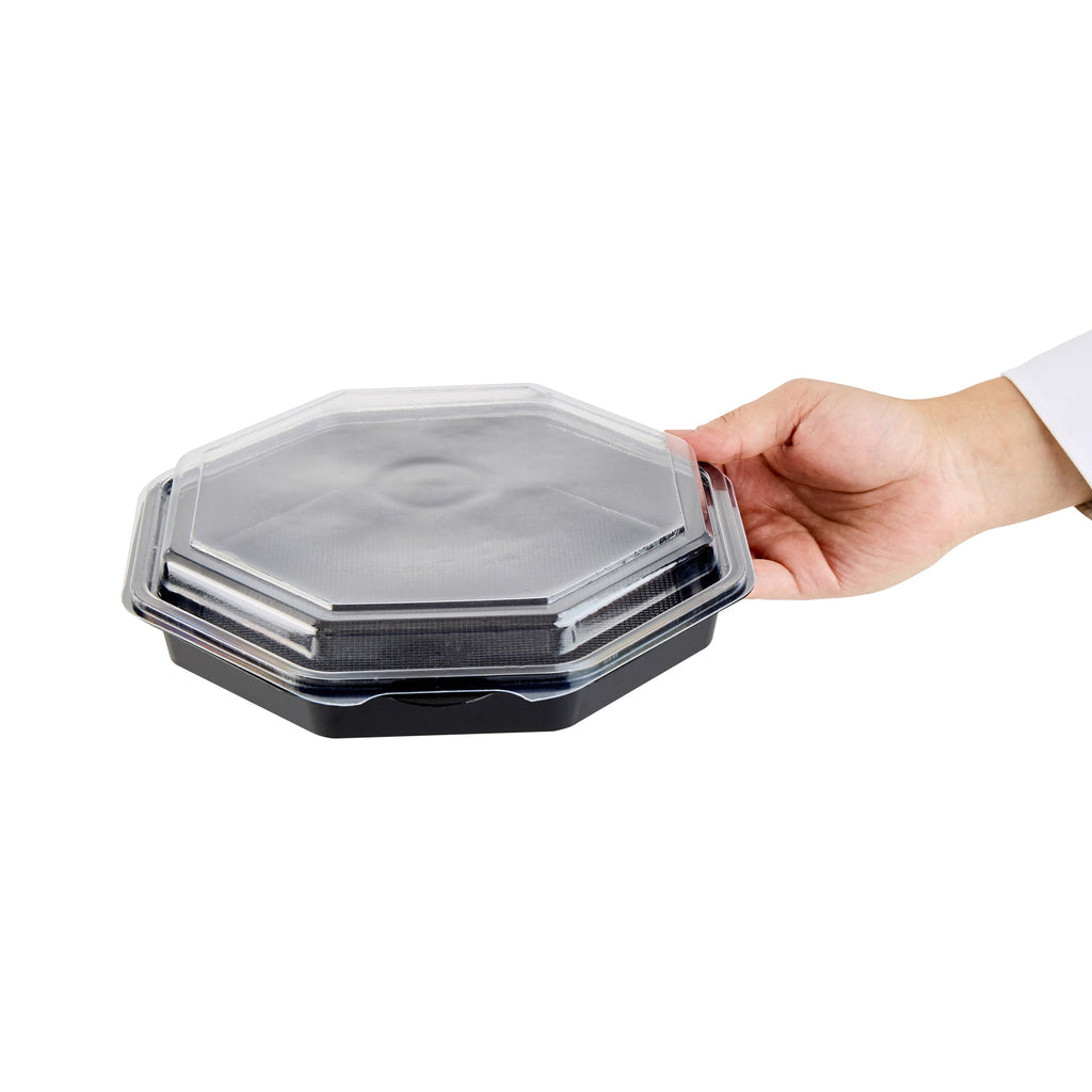 Chef 101 Octagon Black Plastic Food Container - with Clear Lid - 9" x 9" x 2" - 100 count box