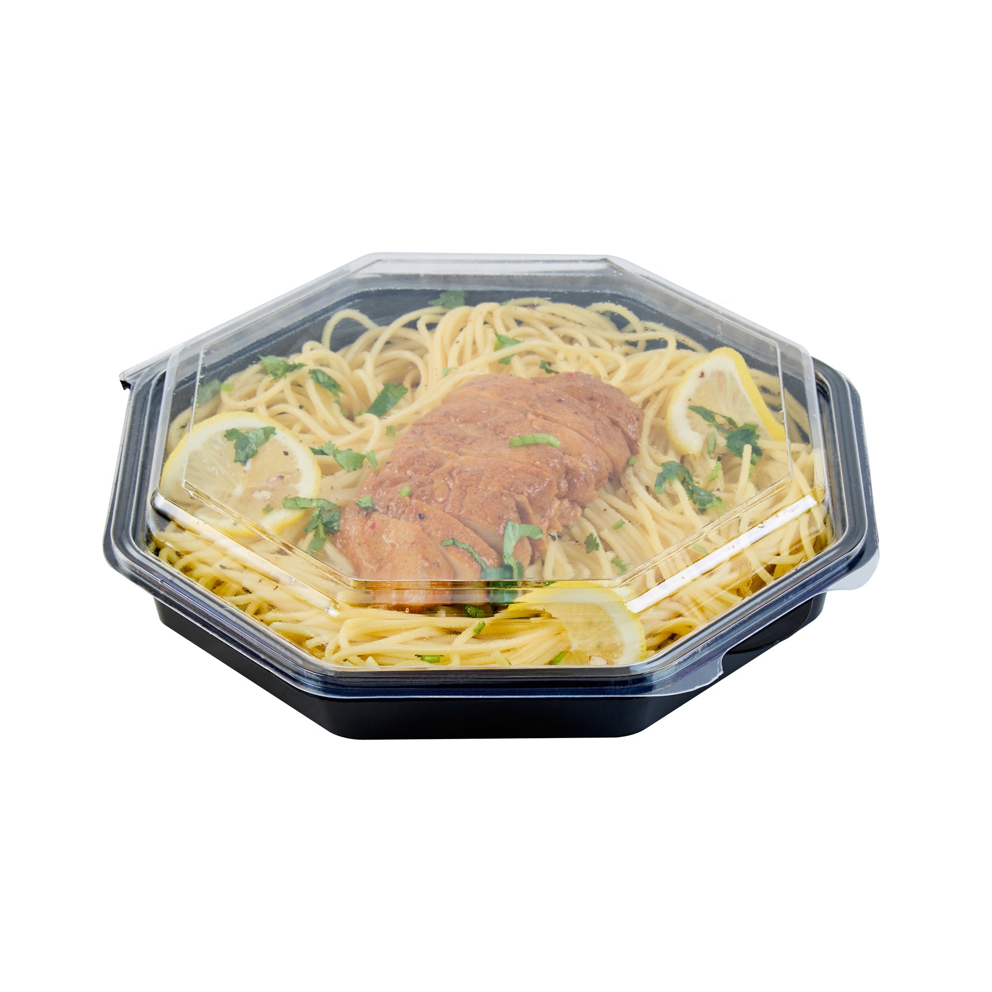 Chef 101 Octagon Black Plastic Food Container - with Clear Lid - 9" x 9" x 2" - 100 count box
