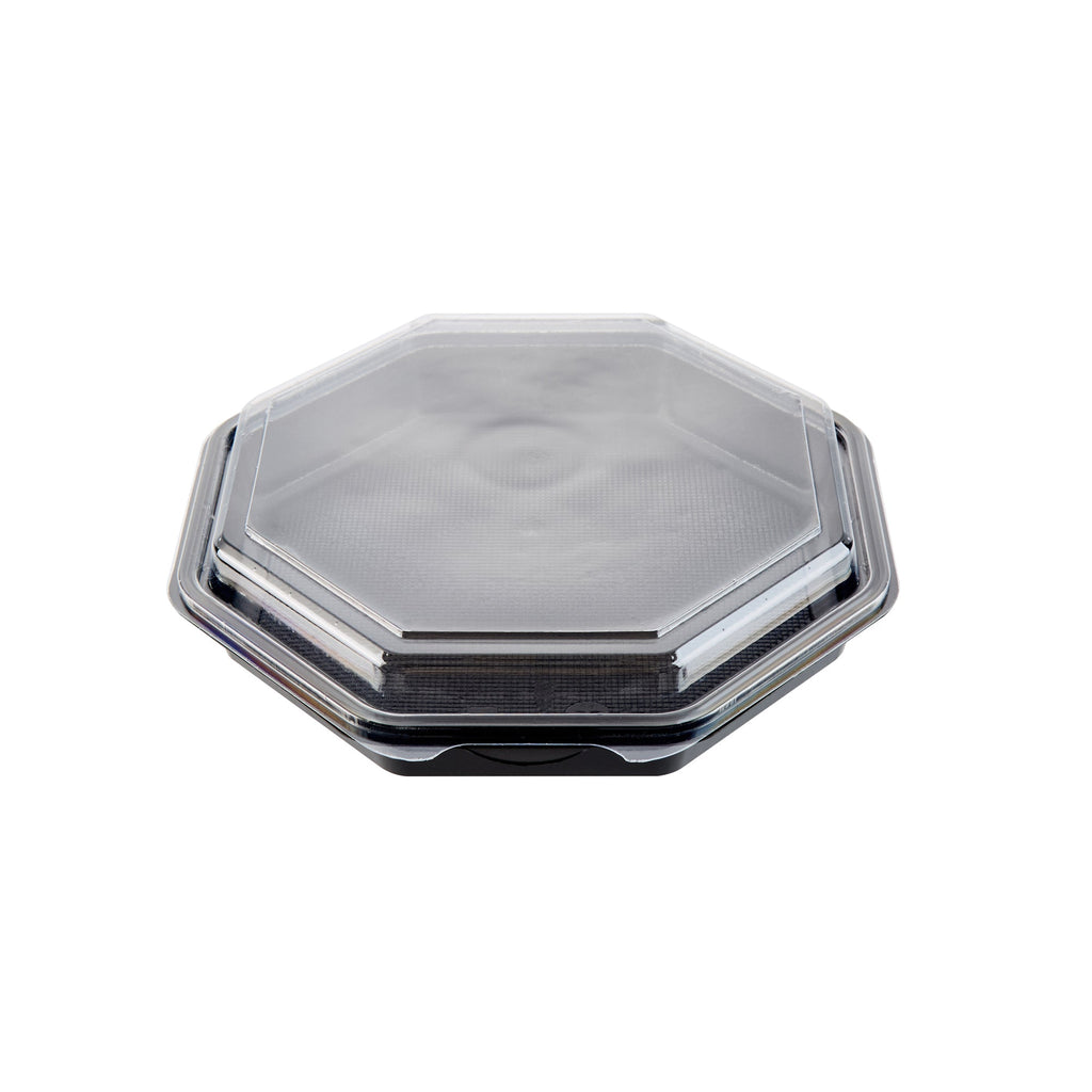 Chef 101 Octagon Black Plastic Food Container - with Clear Lid - 9" x 9" x 2" - 100 count box