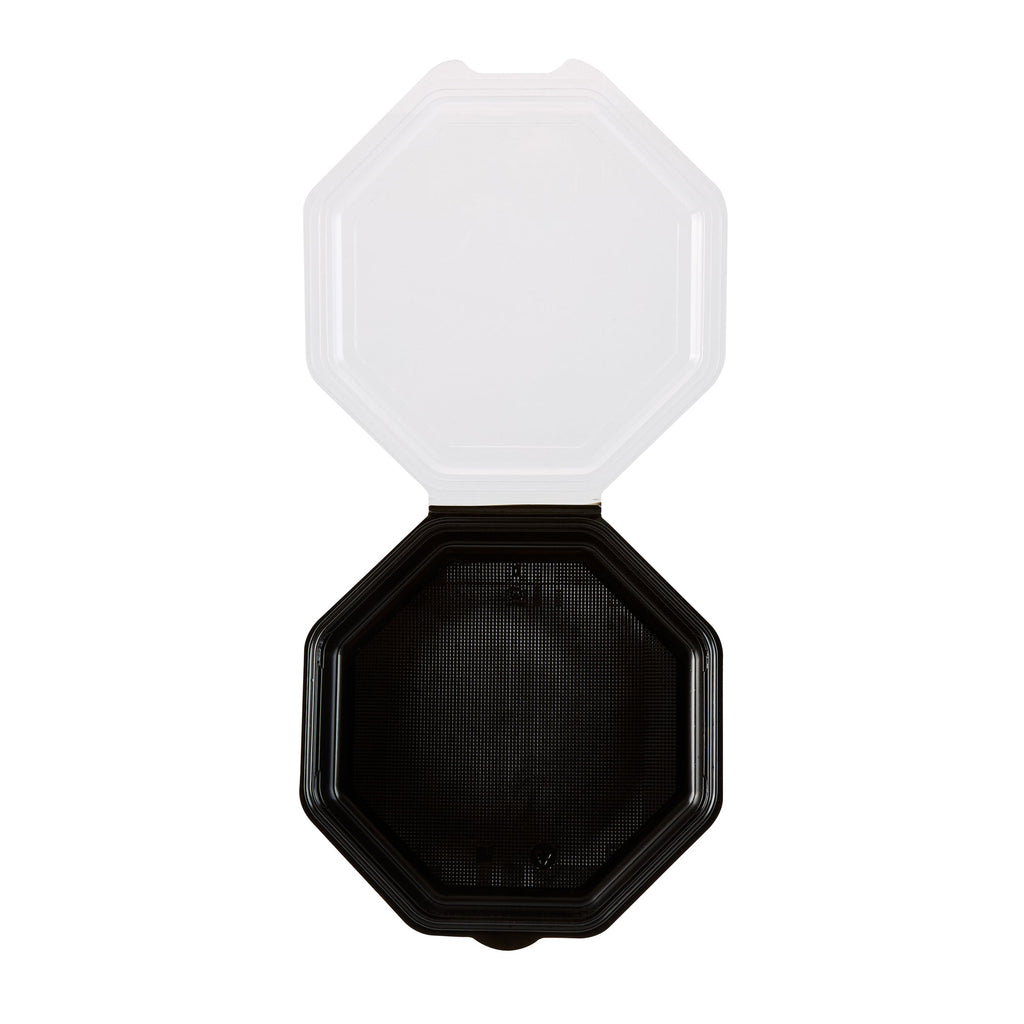 Chef 101 Octagon Black Plastic Food Container - with Clear Lid - 9" x 9" x 2" - 100 count box
