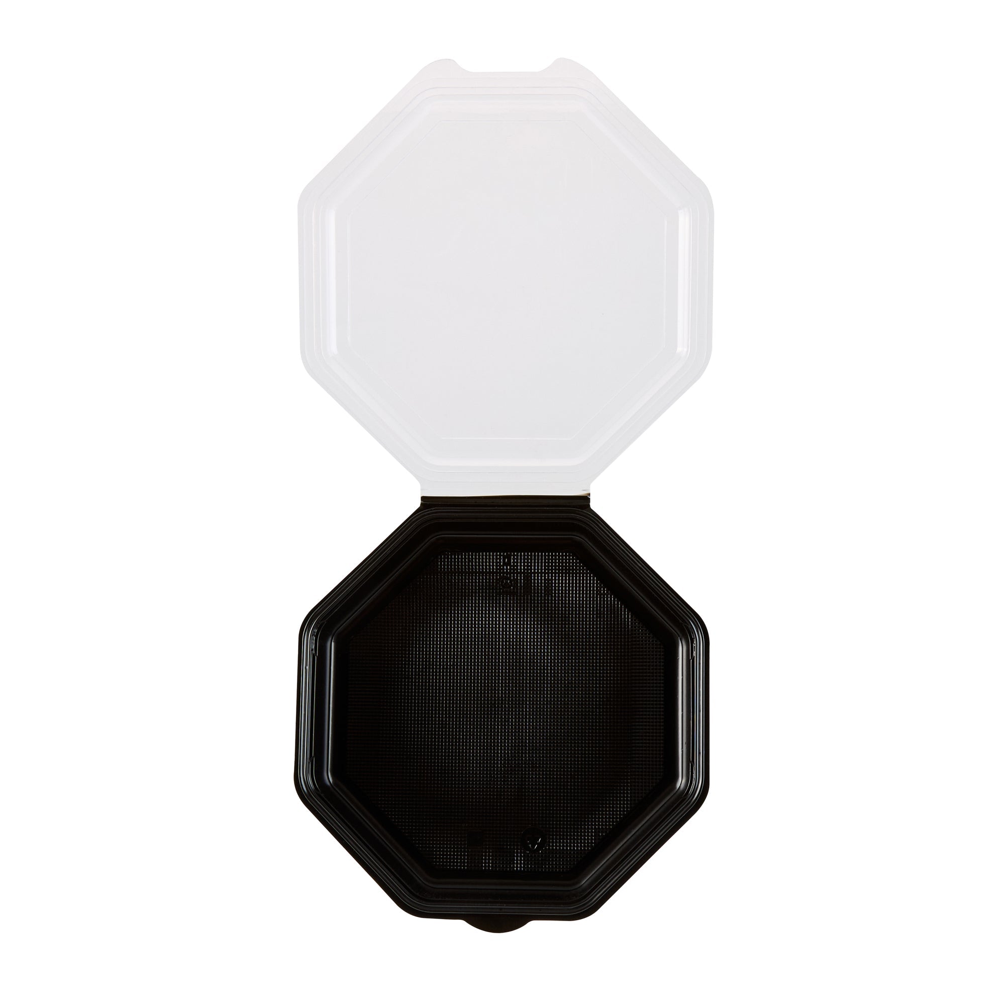 Chef 101 Octagon Black Plastic Food Container - with Clear Lid - 9" x 9" x 2" - 100 count box