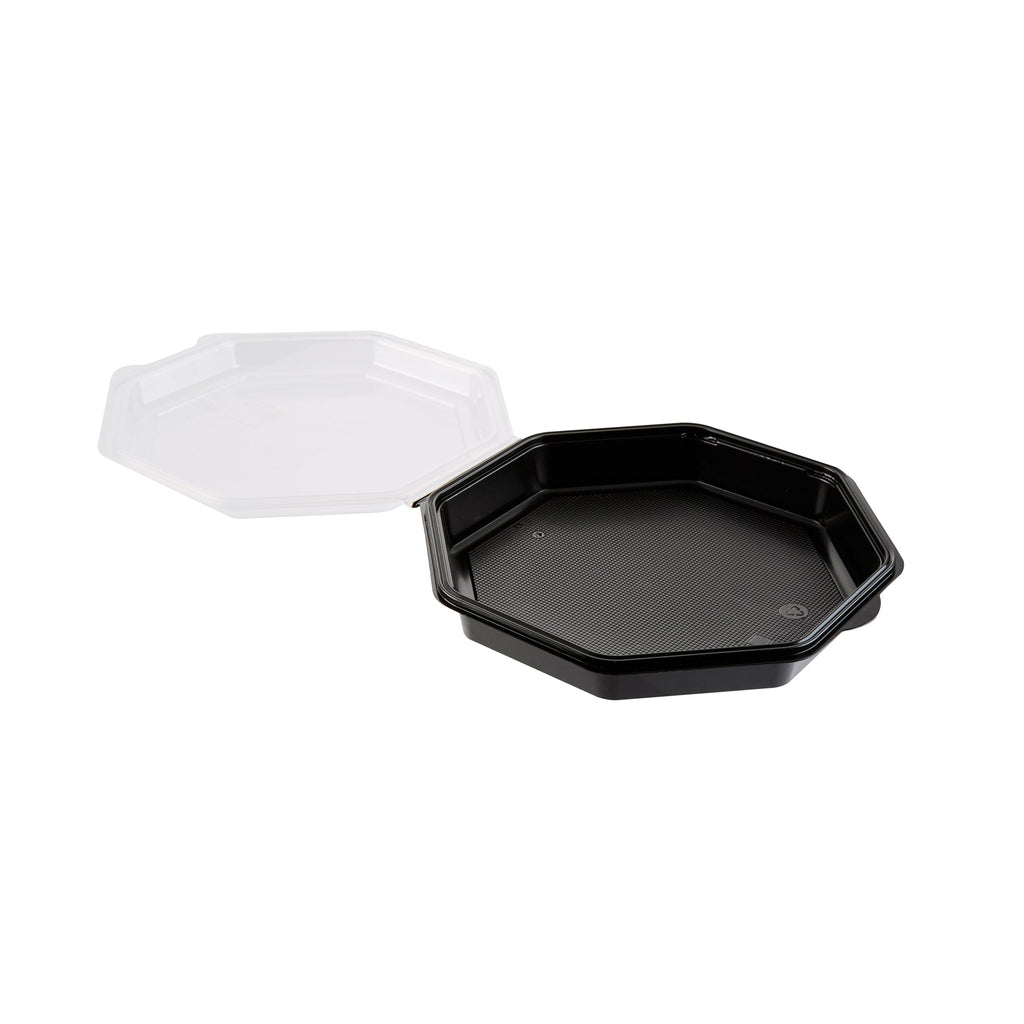 Chef 101 Octagon Black Plastic Food Container - with Clear Lid - 9" x 9" x 2" - 100 count box
