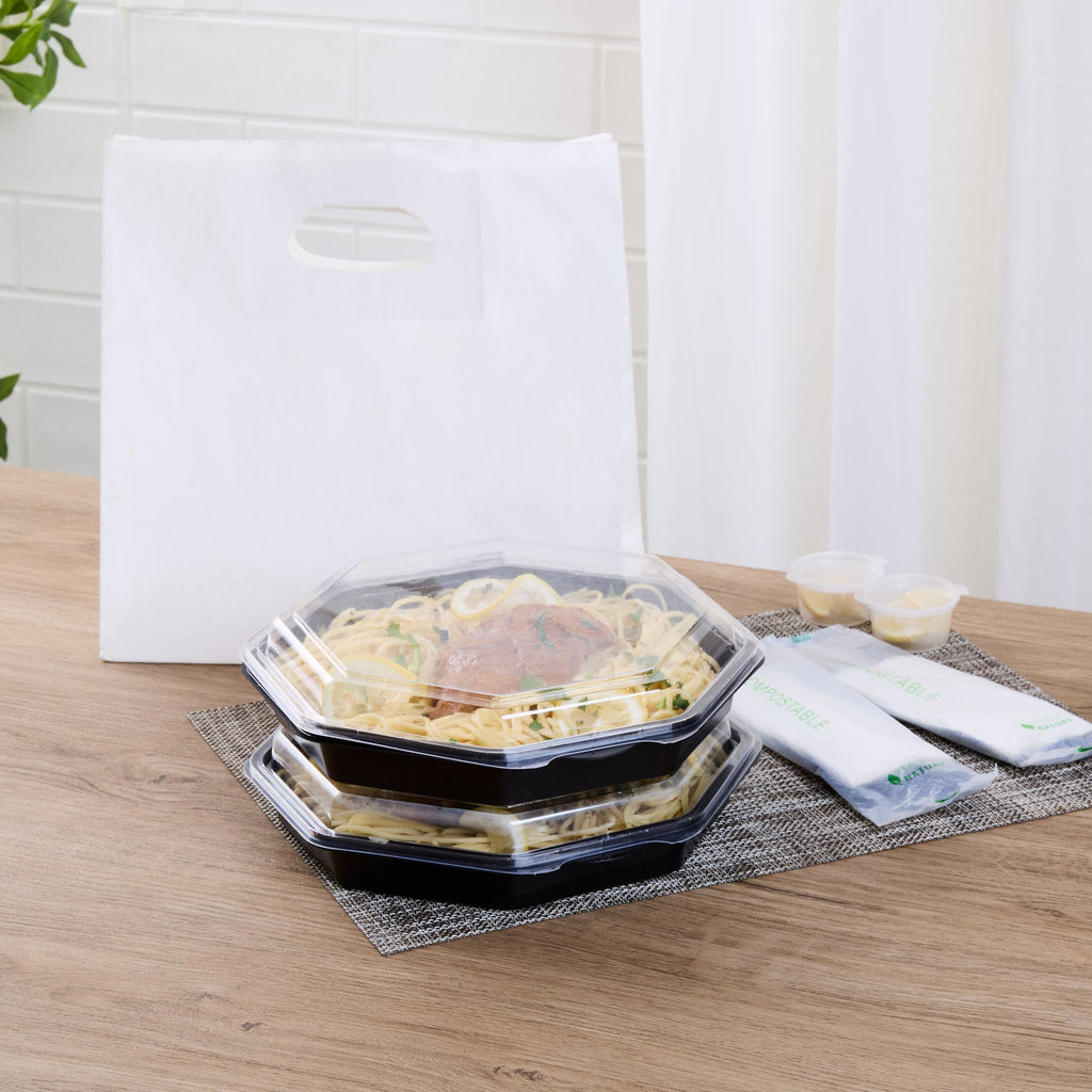 Chef 101 Octagon Black Plastic Food Container - with Clear Lid - 9" x 9" x 2" - 100 count box