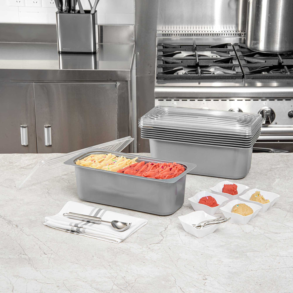 Chef 101 5 Qt Rectangle Gray Plastic Ice Cream Container - with Clear Lid - 13 1/2" x 6 1/2" x 4 3/4" - 25 count box