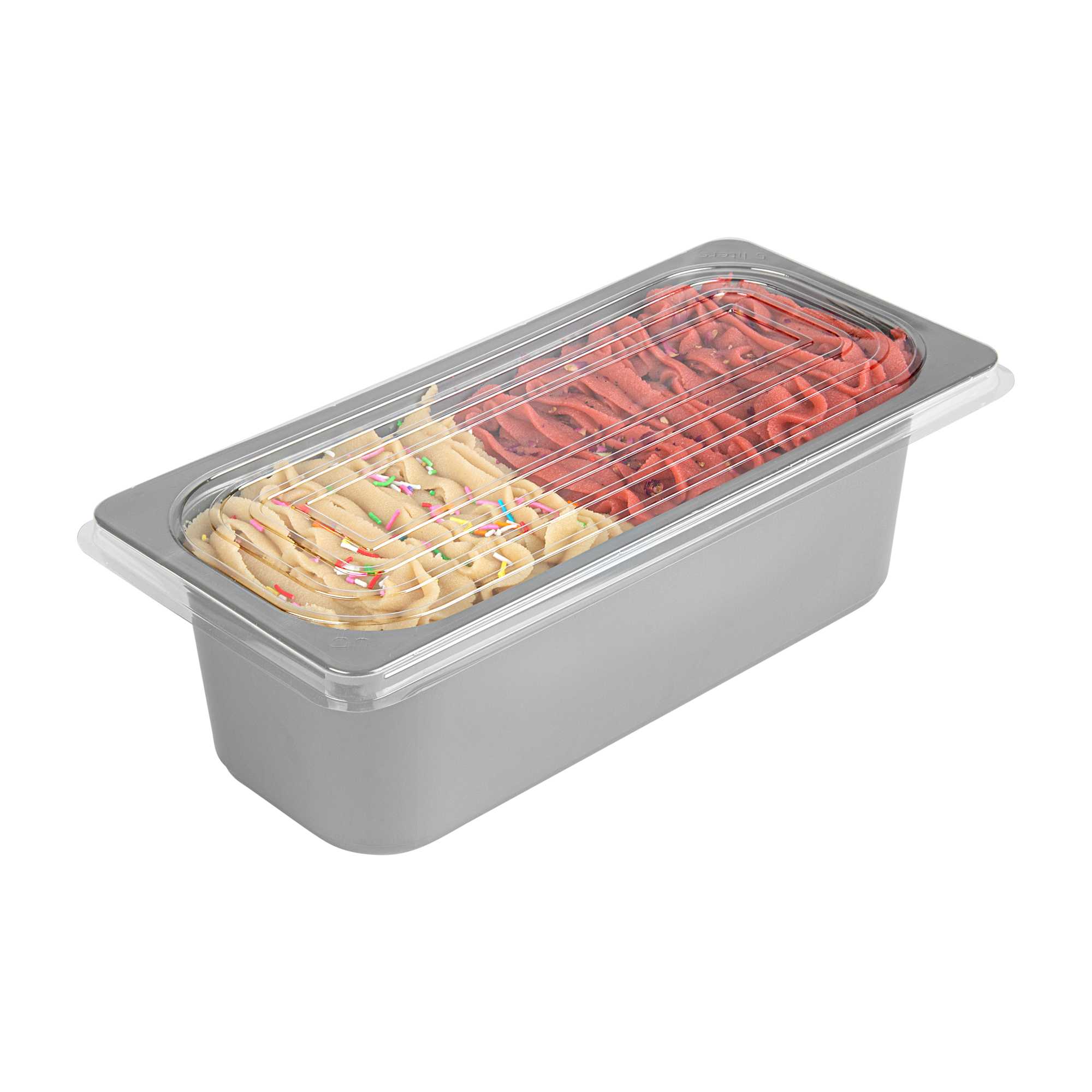 Chef 101 5 Qt Rectangle Gray Plastic Ice Cream Container - with Clear Lid - 13 1/2" x 6 1/2" x 4 3/4" - 25 count box