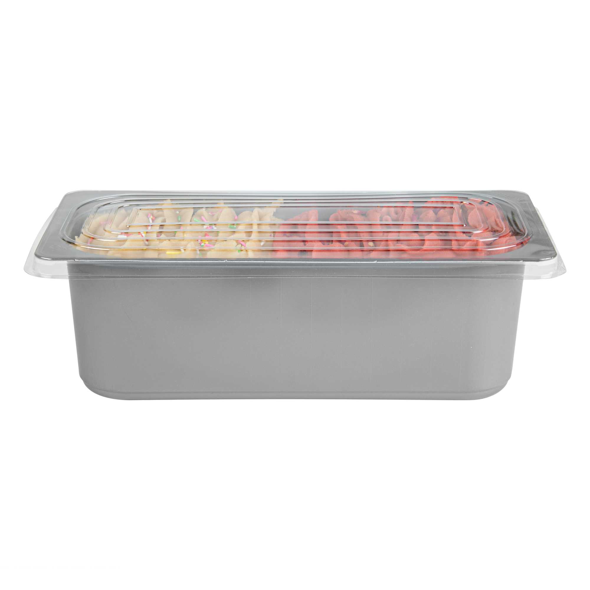 Chef 101 5 Qt Rectangle Gray Plastic Ice Cream Container - with Clear Lid - 13 1/2" x 6 1/2" x 4 3/4" - 25 count box