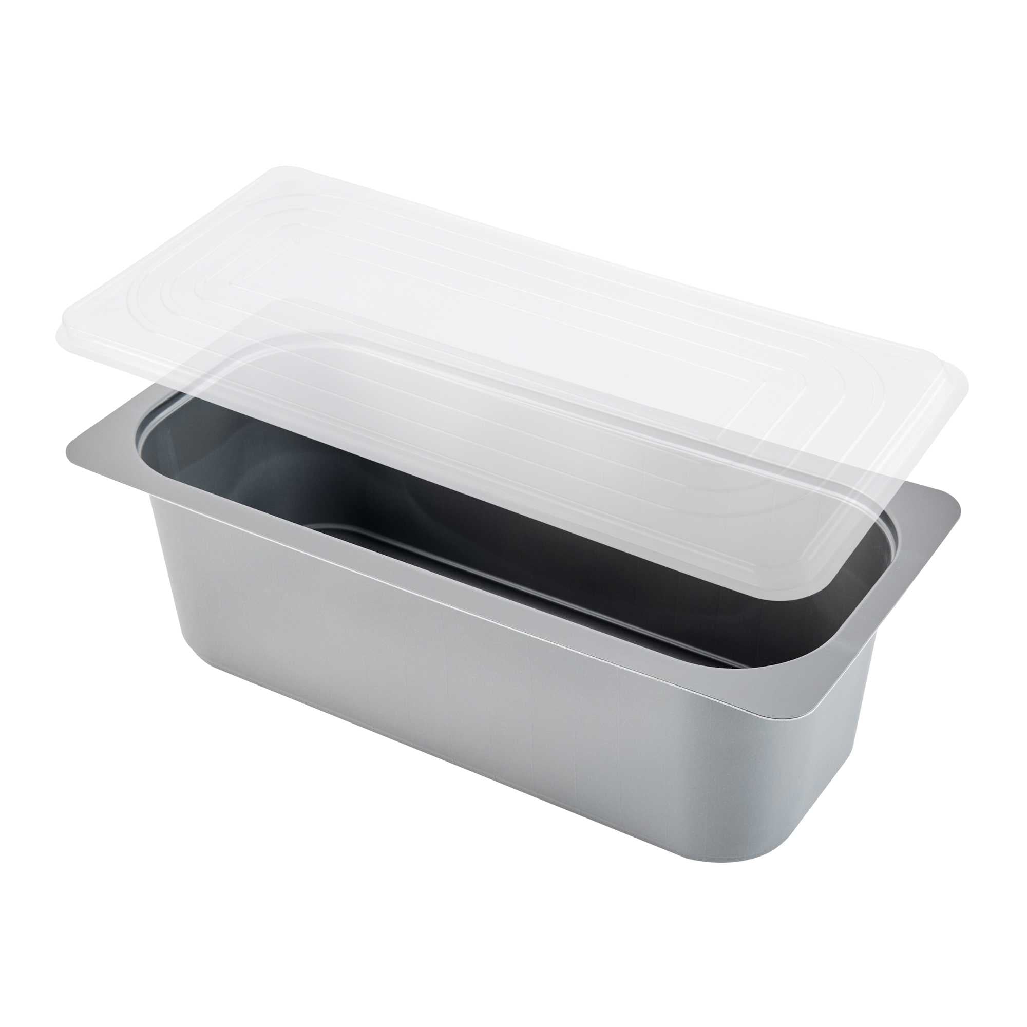 Chef 101 5 Qt Rectangle Gray Plastic Ice Cream Container - with Clear Lid - 13 1/2" x 6 1/2" x 4 3/4" - 25 count box