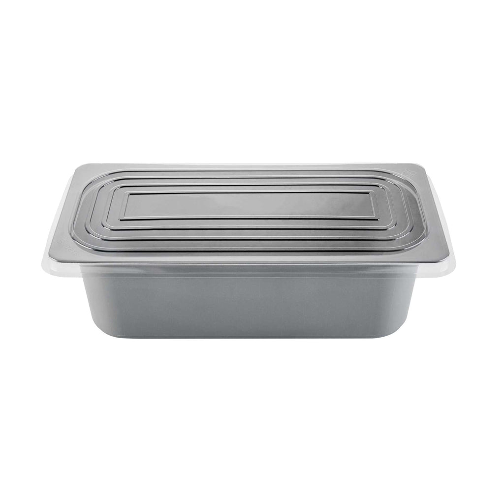 Chef 101 5 Qt Rectangle Gray Plastic Ice Cream Container - with Clear Lid - 13 1/2" x 6 1/2" x 4 3/4" - 25 count box