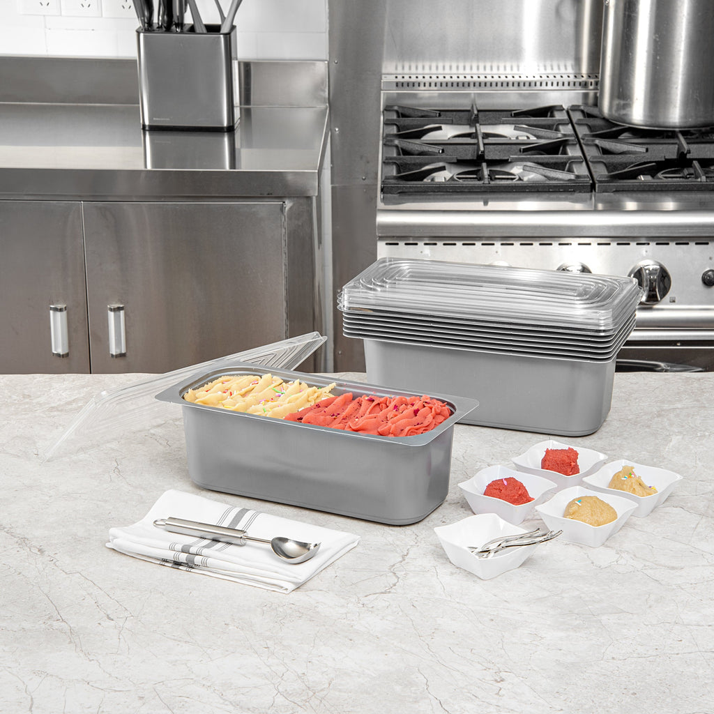 Chef 101 5 Qt Rectangle Gray Plastic Ice Cream Container - with Clear Lid - 13 1/2" x 6 1/2" x 4 3/4" - 100 count box