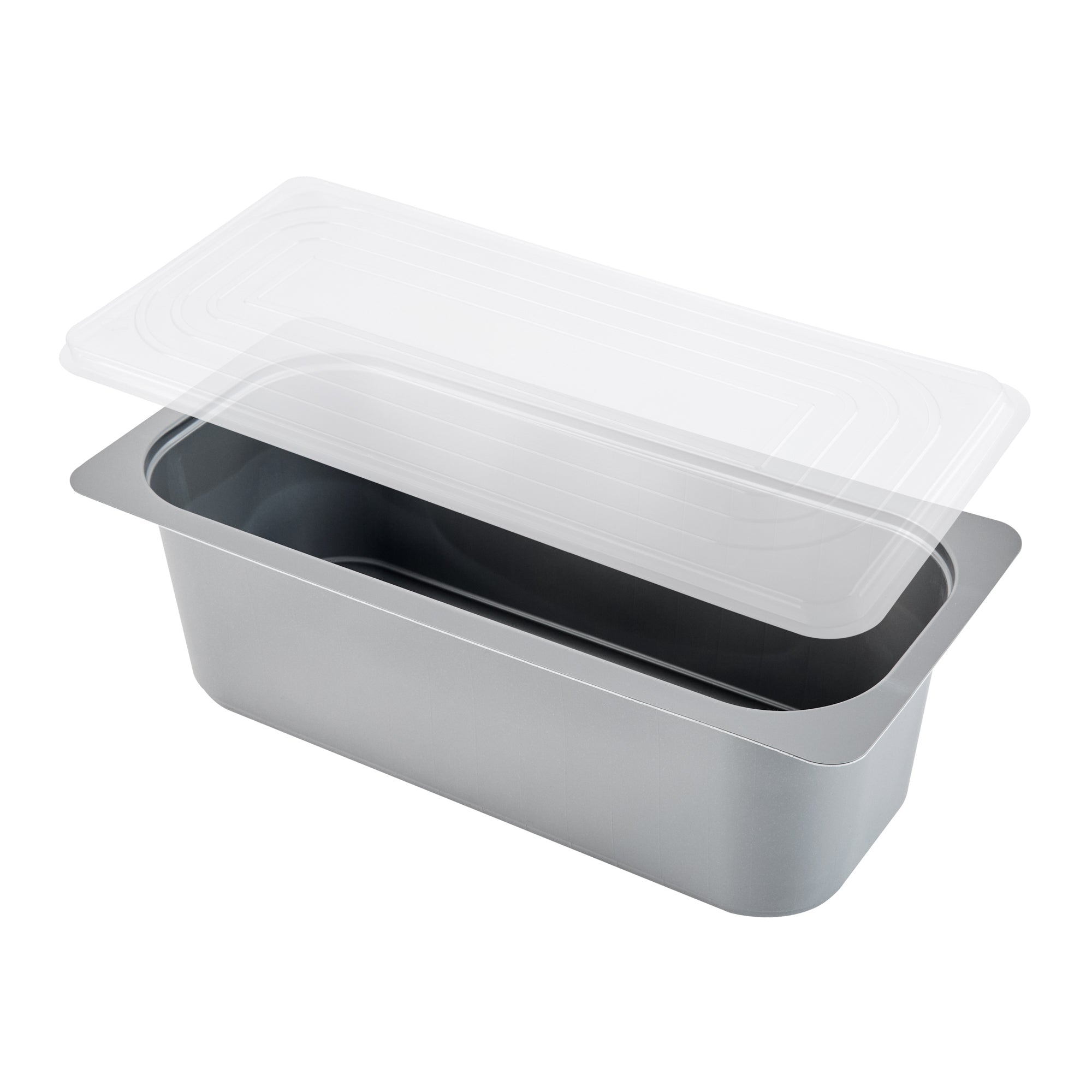 Chef 101 5 Qt Rectangle Gray Plastic Ice Cream Container - with Clear Lid - 13 1/2" x 6 1/2" x 4 3/4" - 100 count box