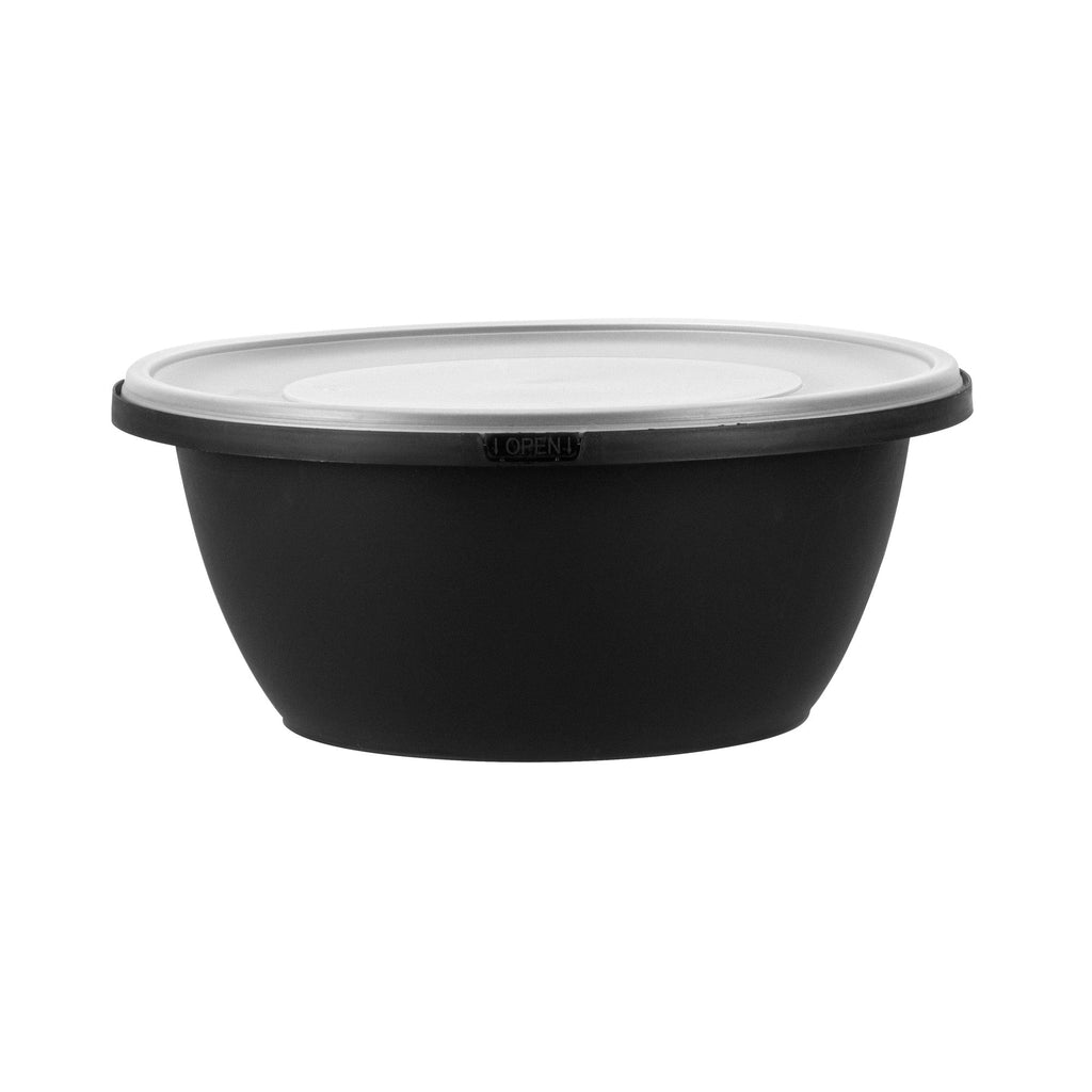 Cater Tek 51 oz Round Black Plastic Catering / Serving Bowl - with Clear Lid, Microwavable - 8" x 8" x 3 1/2" - 25 count box