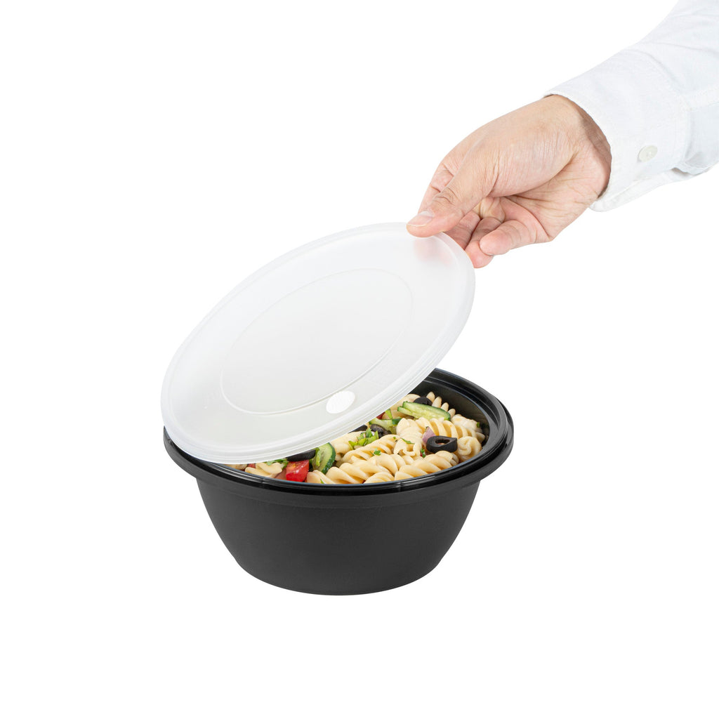 Cater Tek 51 oz Round Black Plastic Catering / Serving Bowl - with Clear Lid, Microwavable - 8" x 8" x 3 1/2" - 25 count box