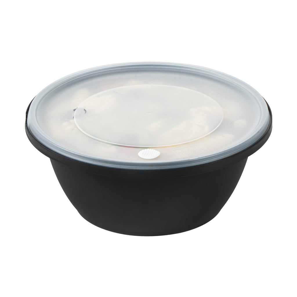 Cater Tek 51 oz Round Black Plastic Catering / Serving Bowl - with Clear Lid, Microwavable - 8" x 8" x 3 1/2" - 25 count box