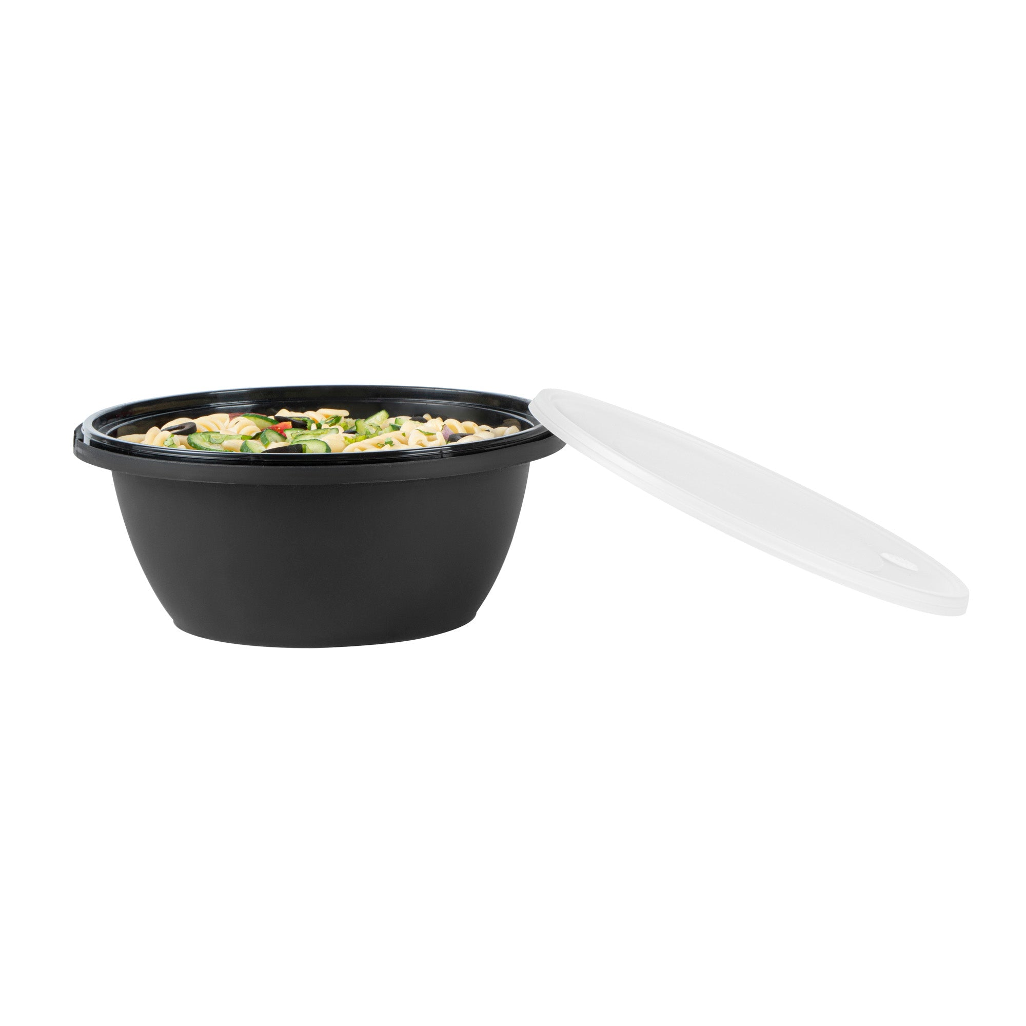 Cater Tek 51 oz Round Black Plastic Catering / Serving Bowl - with Clear Lid, Microwavable - 8" x 8" x 3 1/2" - 25 count box