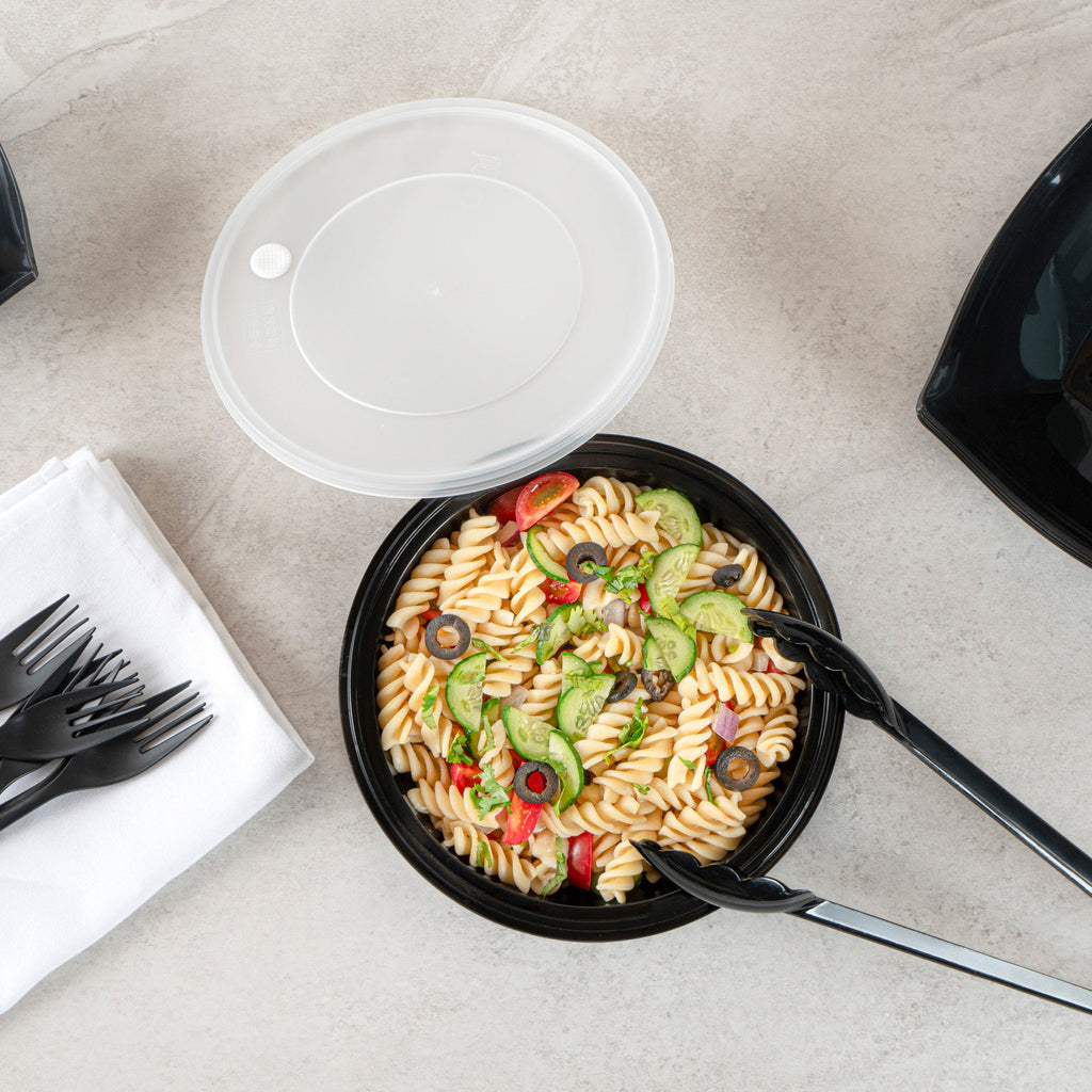 Cater Tek 51 oz Round Black Plastic Catering / Serving Bowl - with Clear Lid, Microwavable - 8" x 8" x 3 1/2" - 25 count box