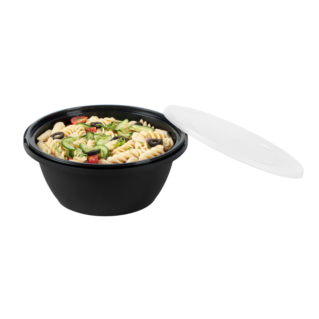 Cater Tek 51 oz Round Black Plastic Catering / Serving Bowl - with Clear Lid, Microwavable - 8" x 8" x 3 1/2" - 100 count box