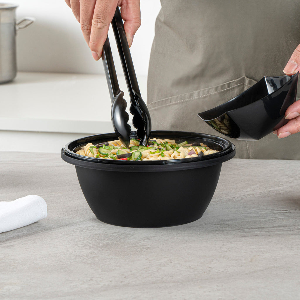 Cater Tek 51 oz Round Black Plastic Catering / Serving Bowl - with Clear Lid, Microwavable - 8" x 8" x 3 1/2" - 100 count box